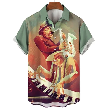 Летняя мужская рубашка с модным музыкальным рисунком, рубашка Aloha, Мягкий топ с коротким рукавом и пуговицами, Удобная Свободная мужская рубашка большого размера Изображение 2