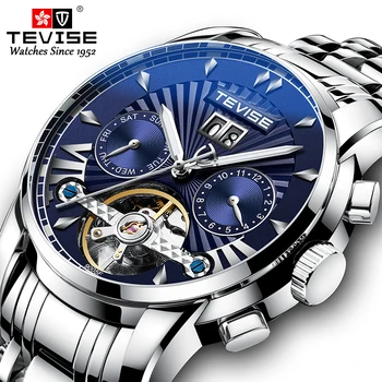 Модные деловые часы TEVISE с турбийоном и стальным ремешком, многофункциональные мужские механические часы
