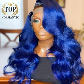 Topnormantic Омбре Синий Цвет 13x6 Синтетические Волосы На Кружеве Искусственные Парики для Женщин Remy Бразильские Человеческие Волосы Объемная Волна Парик Предварительно Выщипанный Волосяной Покров Изображение 2