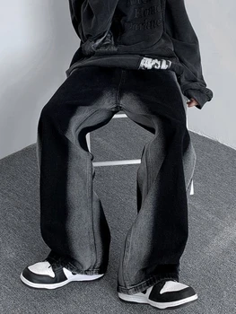 Уличная Одежда Мужские Джинсы Черного Цвета, окрашенные распылением, Потертые Мешковатые Брюки Harajuku, Винтажные широкие брюки в стиле хип-хоп, Высокие Уличные Брюки