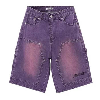 Повседневные джинсовые шорты в стиле хип-хоп с мешковатыми карманами, уличная одежда Harakuju, Джинсовые шорты свободного кроя для мужчин