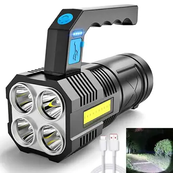 Мощный светодиодный Фонарик USB Перезаряжаемый Ручной фонарь Походная Портативная лампа Со встроенным аккумулятором Освещение COB 4 светодиодных фонарика