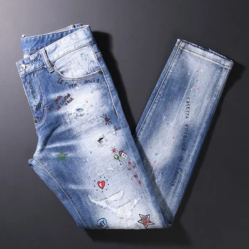 Высокие уличные модные мужские джинсы в стиле Ретро, Синие Эластичные, приталенные, окрашенные, Рваные Джинсы, Мужские дизайнерские брюки в стиле хип-хоп, Мужские брюки Hombre