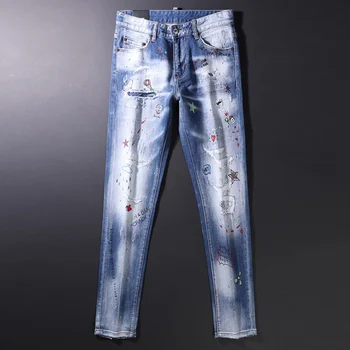 Высокие уличные модные мужские джинсы в стиле Ретро, Синие Эластичные, приталенные, окрашенные, Рваные Джинсы, Мужские дизайнерские брюки в стиле хип-хоп, Мужские брюки Hombre Изображение 2