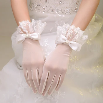 Слоновая кость/белый 2016 новые горячие свадебные перчатки невесты, короткие свадебные перчатки с белыми пальцами, кружевной бант, весенние аксессуары, Бесплатная доставка