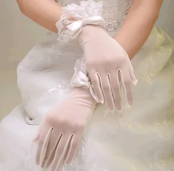 Слоновая кость/белый 2016 новые горячие свадебные перчатки невесты, короткие свадебные перчатки с белыми пальцами, кружевной бант, весенние аксессуары, Бесплатная доставка Изображение 2