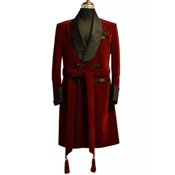 2023 Мужское Длинное пальто из бордового бархата, Смокинги для Жениха, Двубортный черный платок с лацканами, Jaqueta Masculina Ropa, костюм Homme