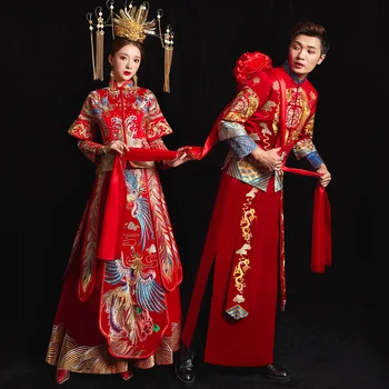Китайское Традиционное Свадебное Женское платье Xiuhe Cheongsam Long Qipao С Красной Вышивкой В Восточном Стиле, Одежда Для Пары, Vestido Chino