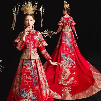 Китайское Традиционное Свадебное Женское платье Xiuhe Cheongsam Long Qipao С Красной Вышивкой В Восточном Стиле, Одежда Для Пары, Vestido Chino Изображение 2