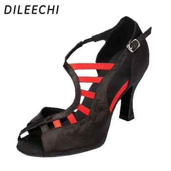 DILEECHI/женские черные бронзовые фиолетовые атласные туфли для латиноамериканских танцев, Обувь для бальных танцев, обувь для сальсы, вечерние квадратные танцевальные туфли