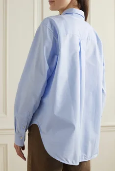 Весенняя новинка 2023 Года, хлопковая светло-голубая Блузка с длинными рукавами, Женская Повседневная Однобортная рубашка с лацканами, топ Изображение 2