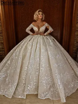 Роскошное Свадебное платье из Дубая с длинным рукавом, расшитое бисером и кристаллами, Бальное платье с открытыми плечами, Расшитое блестками и аппликацией, Свадебное платье из Саудовской Аравии Изображение 2
