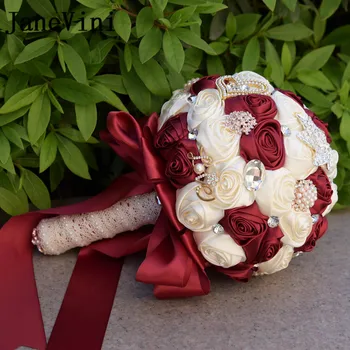 JaneVini Роскошный хрустальный свадебный букет для невесты, атласный букет Невесты с розами, блестящие стразы, жемчуг, Бордово-серые, красные цветы