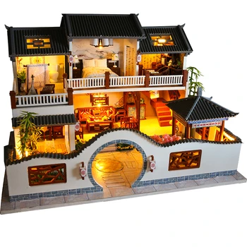 DIY Деревянные кукольные домики Миниатюрные строительные наборы с мебелью Светодиодный Китайский старинный кукольный домик Casa Игрушки для девочек Подарки на день рождения