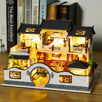 DIY Деревянные кукольные домики Миниатюрные строительные наборы с мебелью Светодиодный Китайский старинный кукольный домик Casa Игрушки для девочек Подарки на день рождения Изображение 2