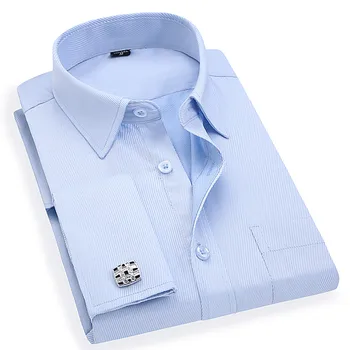 Мужские Французские запонки, деловые рубашки с длинными рукавами, Белая синяя Саржа, Азиатский Размер M, L, XL, XXL, 3XL, 4XL, 5XL, 6XL