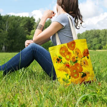 Модная хозяйственная сумка в стиле Ван Гога, картина подсолнечным маслом, холщовая сумка-тоут, ретро-арт, Модная дорожная сумка, Женская сумка для покупок для отдыха