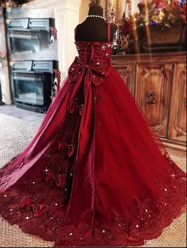 Красное платье с цветочным узором для девочек, аппликация из Спагетти, стразы, Свадебное бальное платье из тюля без рукавов Длиной до пола, платья Принцессы для девочек