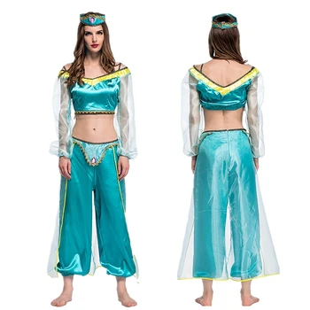 Костюм принцессы Жасмин на Хэллоуин, одежда для танцовщицы Живота, женская аниме Лампа Аладдина, Маскарадное платье Арабской принцессы для Косплея