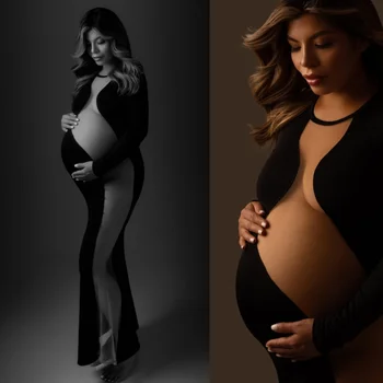 Прозрачное Черное Платье Для беременных, Облегающее Платье Для беременных и беременных, Эластичное Облегающее Платье с длинными рукавами, Сексуальные Платья Для беременных
