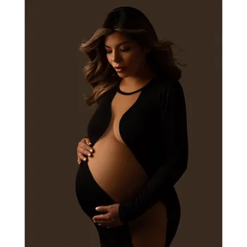 Прозрачное Черное Платье Для беременных, Облегающее Платье Для беременных и беременных, Эластичное Облегающее Платье с длинными рукавами, Сексуальные Платья Для беременных Изображение 2