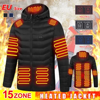 Куртка с подогревом в 15 зонах Для мужчин и женщин, зимнее уличное пальто с регулируемым подогревом, тепловое пальто с питанием от USB для катания на лыжах, Кемпинга, Размер ЕС