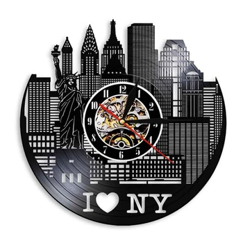 Я люблю Городской пейзаж Нью-Йорка Настенные часы Современный Дизайн Виниловые часы New York Skyline Креативный Декор стен Для гостиной Спальни