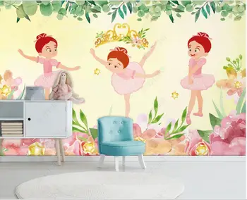 3d фотообои на заказ фреска Ручная роспись корона балетная девочка акварельные цветы листья детская комната обои для стен 3 d Изображение 2