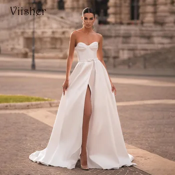 Viisher Белые Свадебные платья трапециевидной формы с разрезом спереди, Шикарное платье Невесты с поясом, длинные современные свадебные платья на заказ