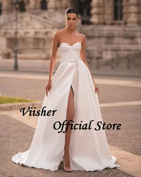 Viisher Белые Свадебные платья трапециевидной формы с разрезом спереди, Шикарное платье Невесты с поясом, длинные современные свадебные платья на заказ Изображение 2