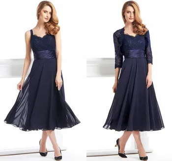 2022 Темно-Синее Платье для Матери Невесты С Жакетом, Винтажное Шифоновое Кружевное Платье для Жениха Чайной Длины С V-образным Вырезом, Вечерние Платья Robe De Soiree