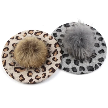 Модная женская шапка-берет с леопардовым принтом, для взрослых, Зимние Чепчики во французском стиле, Кепки для девочек, Женские С помпоном из натурального меха