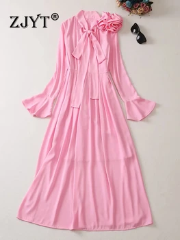 ZJYT Модные подиумные осенние платья для женщин 2023, Vestido Fiesta Feminino, розовое платье с расклешенными рукавами и 3D цветочным рисунком, длинное макси-платье, элегантное