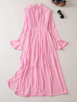 ZJYT Модные подиумные осенние платья для женщин 2023, Vestido Fiesta Feminino, розовое платье с расклешенными рукавами и 3D цветочным рисунком, длинное макси-платье, элегантное Изображение 2