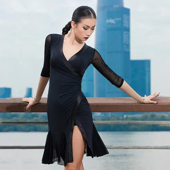 Модное газовое платье для латиноамериканских танцев Ice slik с V-образным вырезом, сексуальное цельнокроеное платье для женщин, костюмы для бального танго Ча-Ча-румбы