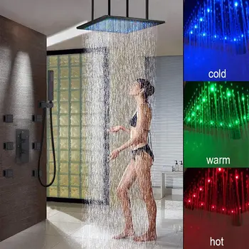 20-дюймовая матовая черная квадратная термостатическая светодиодная насадка для душа, меняющая цвет, со спреями для тела, Душевая система для ванной комнаты с ручным душем Изображение 2