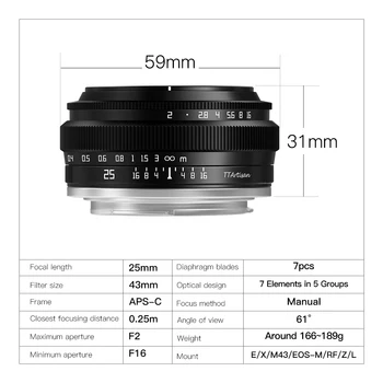 TTArtisan 25 мм F2 APS-C Рамочный объектив MF С Большой Диафрагмой Портретный Объектив Для Fuji FX Sony E Nikon Z Leica L Canon EOS-M Mount Camera Изображение 2