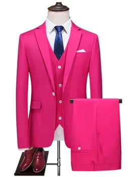 Ярко-розовые новейшие мужские костюмы из 3 предметов (стоимость + жилет + брюки) Однотонный костюм с плоским лацканом, Мужской повседневный Смокинг для выпускного вечера, Приталенный костюм