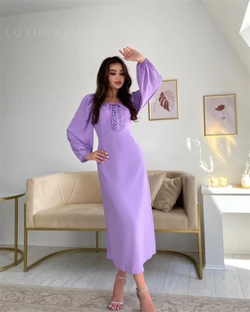 Благородное Фиолетовое платье для выпускного вечера с квадратным вырезом, Чайной длины, с длинными рукавами, Вечернее Летнее платье для Женщин2023