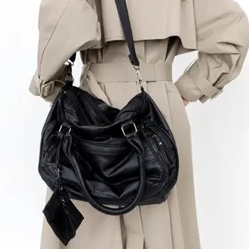 Универсальная сумка Из Промытой кожи в стиле Ретро Большой Емкости, Мягкая Кожаная сумка через плечо, Однотонная Женская сумка в мотоциклетном стиле