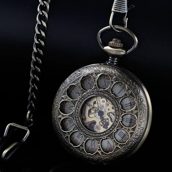 Изысканный выдолбленный узор Механические карманные часы с ручным управлением, Золотой римский циферблат с циферблатом в виде черепа, подвеска, Автоматические антикварные часы