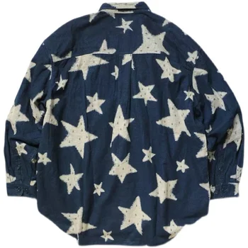 Мужская Рубашка KAPITAL с длинным рукавом 2023, Весенний Японский Тренд, Дизайн Blue Star, Стирка, Отложной воротник, Повседневные Свободные Топы Для Женщин