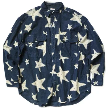 Мужская Рубашка KAPITAL с длинным рукавом 2023, Весенний Японский Тренд, Дизайн Blue Star, Стирка, Отложной воротник, Повседневные Свободные Топы Для Женщин Изображение 2