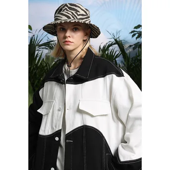 Куртка в стиле хип-хоп для мужчин и женщин, куртка в стиле пэчворк с цветным блоком, 2023, Мужская Осенняя хлопковая повседневная куртка в стиле Харадзюку, пальто, Верхняя одежда Изображение 2