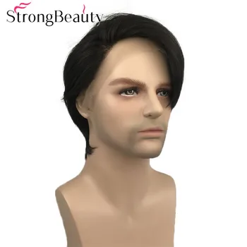 StrongBeauty Прямой мужской парик на кружеве Средней длины из натуральных париков с черными синтетическими волосами Изображение 2