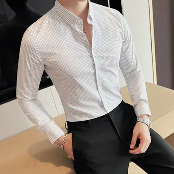 Высококачественные Рубашки с длинным рукавом, Мужская Модная Клетчатая Повседневная Деловая Официальная рубашка, Приталенная Социальная Блузка, Мужская Одежда 2022