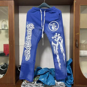 Синий Hellstar тренировочные брюки ткань пламя Письмо печати высокая улица хип-хоп женские мужские брюки