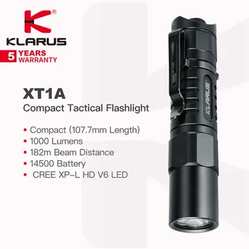Компактный перезаряжаемый тактический фонарь Klarus XT1A, 1000 Люмен, батарея 14500, Задний двойной переключатель, Турбо и стробоскоп в одно касание, EDC