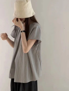 Повседневная серая блузка с круглым вырезом и коротким рукавом, летний топ, дизайнерская женская свободная рубашка