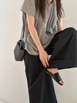 Повседневная серая блузка с круглым вырезом и коротким рукавом, летний топ, дизайнерская женская свободная рубашка Изображение 2